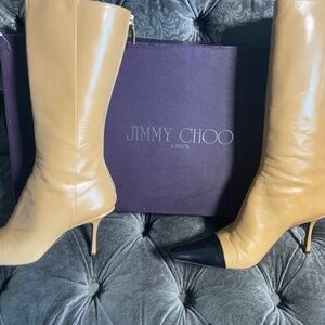 Jimmy Choo camel w black tip boots